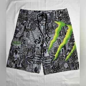 Rare Monster Energy Drink Board Shorts Men's Size 38 Black/Green Heebie Jeebies